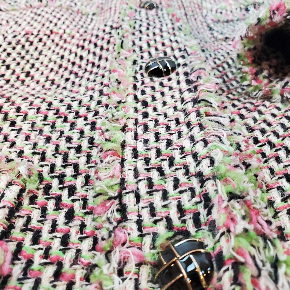 Talbots Pink Green Candy Fringe Tweed Blazer Jacket Size 10 Womens Button Up - Picture 8 of 12